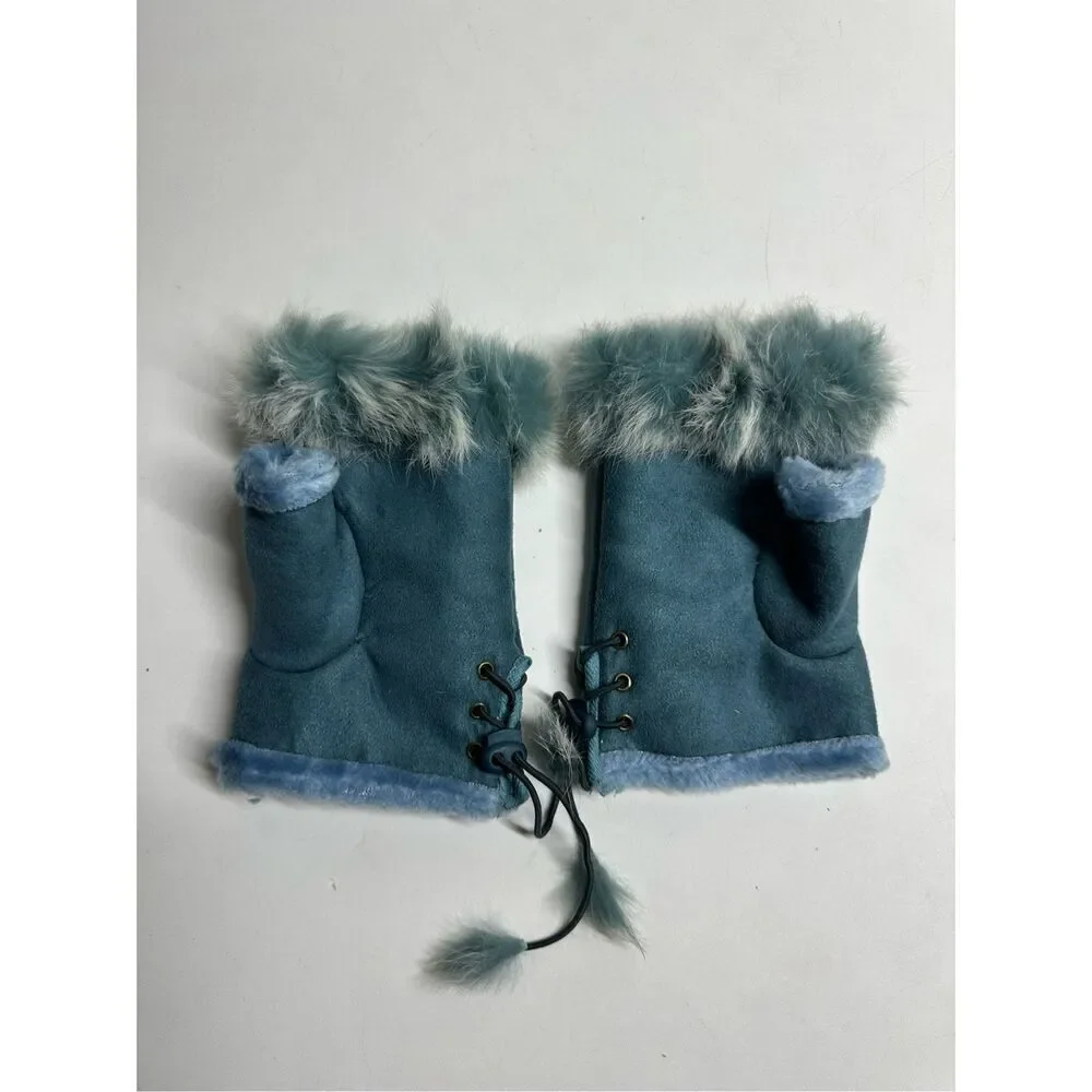 Women’s Faux Suede Fingerless Gloves Sky Blue One Size Rabbit Fur Trim Lace Up